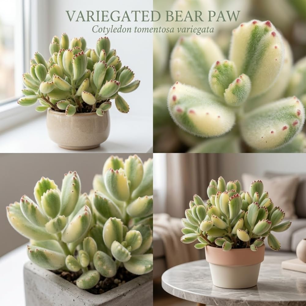 Live Succulent Plant, Variegated Bear Paws in 4" Pot, Vigorous Potted Cotyledon Tomentosa, Low Maintenance Plant for Home Office & Desk Decor