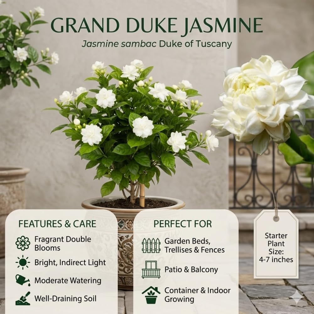 Grand Duke Jasmine Plant 5–8 Inches, Arabian Jasmine Shrub, Fragrant Flowering Plant, Easy Care Potted Starter, Flowering Shrub for Sunny Windowsills, Indoor Outdoor Plant