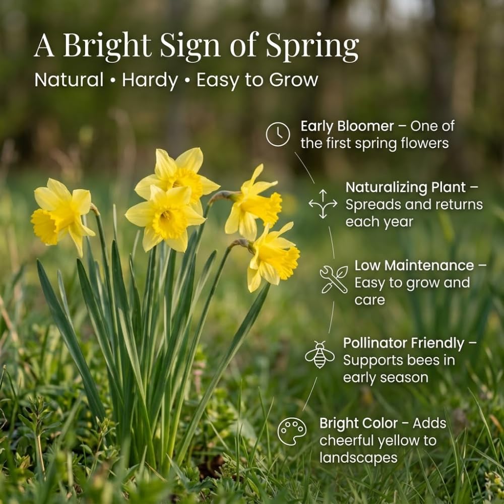 50 Wild Daffodil Bulbs, Lent Lily, Yellow Spring Flowering Perennial for Garden Borders, Cold-Hardy Narcissus for Early Spring Blooms
