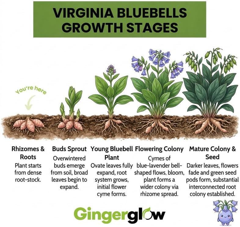 20 Virginia Bluebells Roots, Easy Care Bluebell Wild Flower, Hardy Perennial Plant with Soft Pastel Blue Bloom for Shade Gardens & Woodland Beds