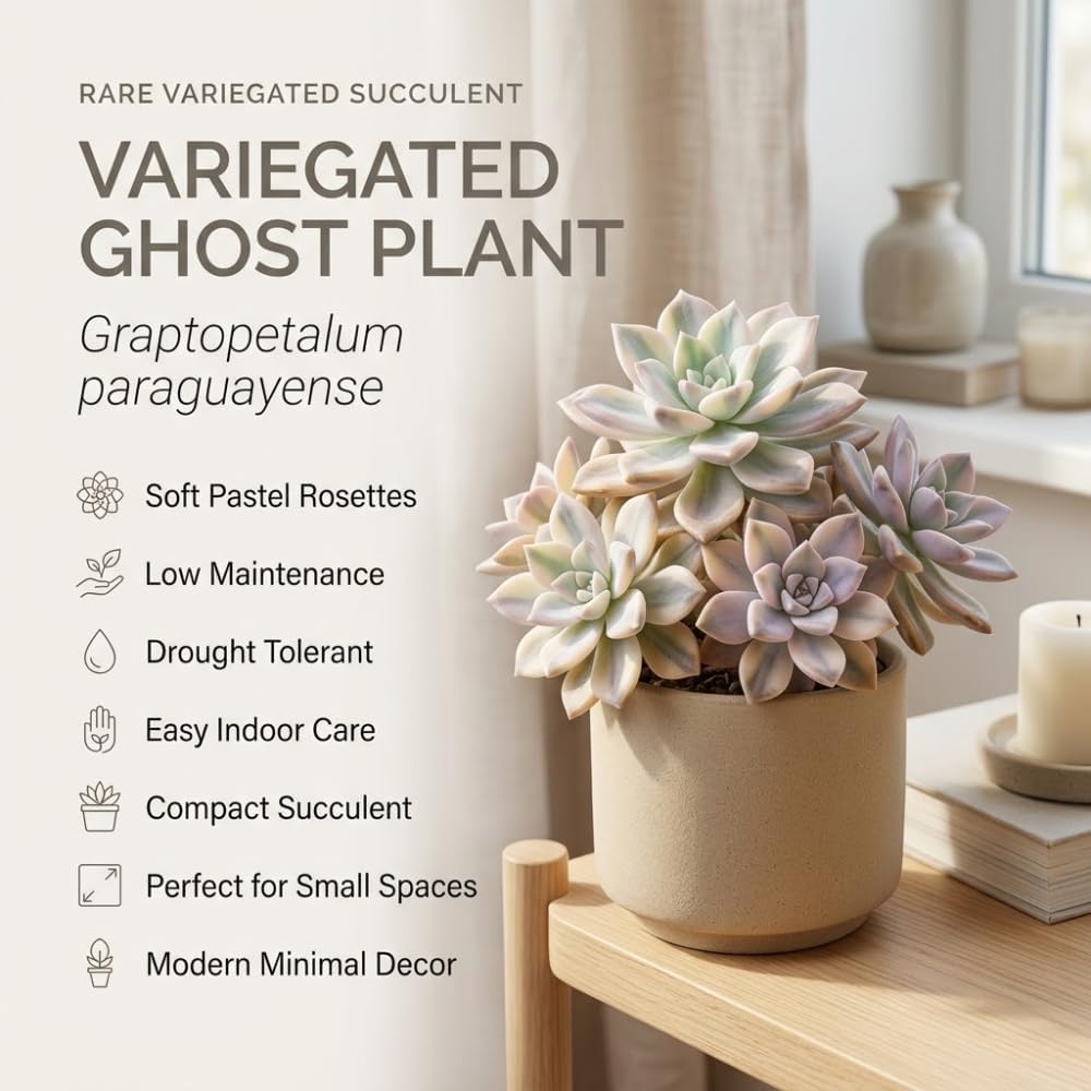 Succulent Plant Live, Variegated Graptopetalum Ghost Plant, 4" Pot, Easy to Care Pet-Friendly Décor, Low Maintenance Succulent for Indoor Spaces