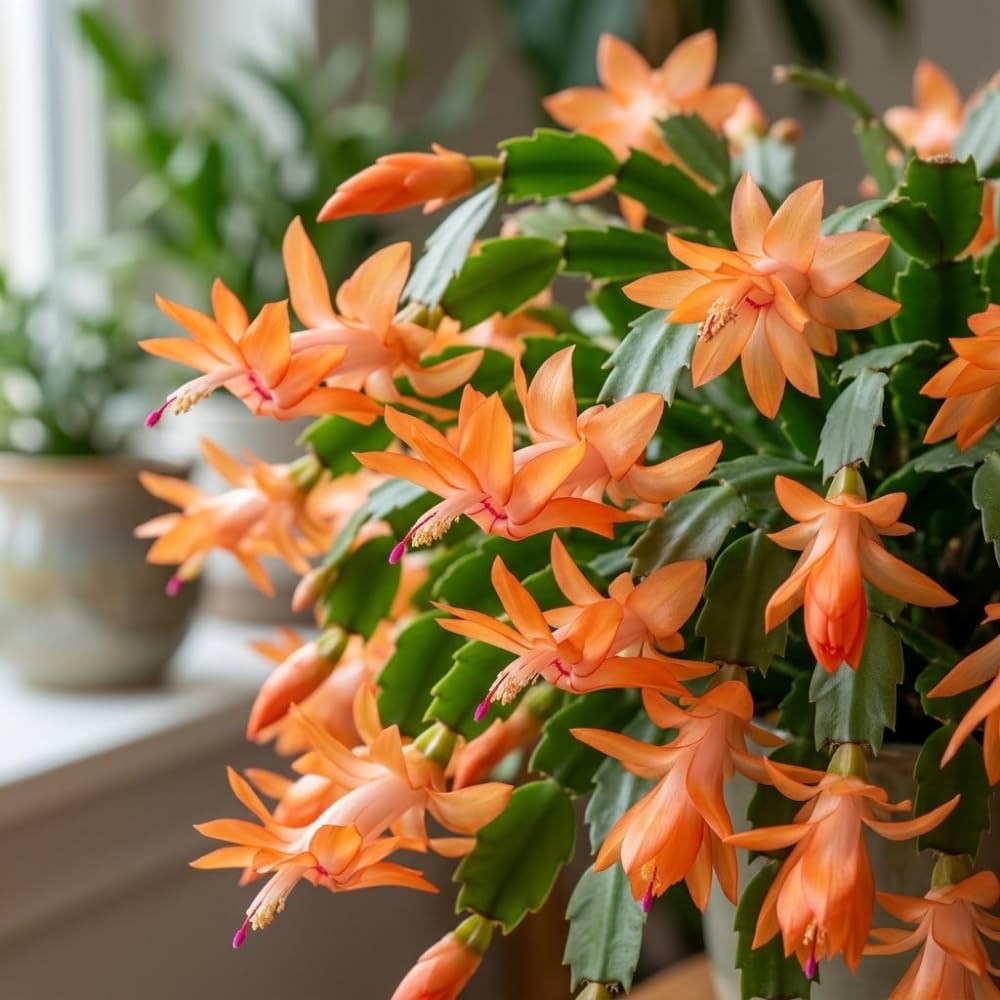 Orange Christmas Cactus Plant, 5-6 Inch Tall, Winter Blooming Succulent Starter for Home Décor, Low Maintenance Plant for Bright Indoor Spaces and Holiday Gifts