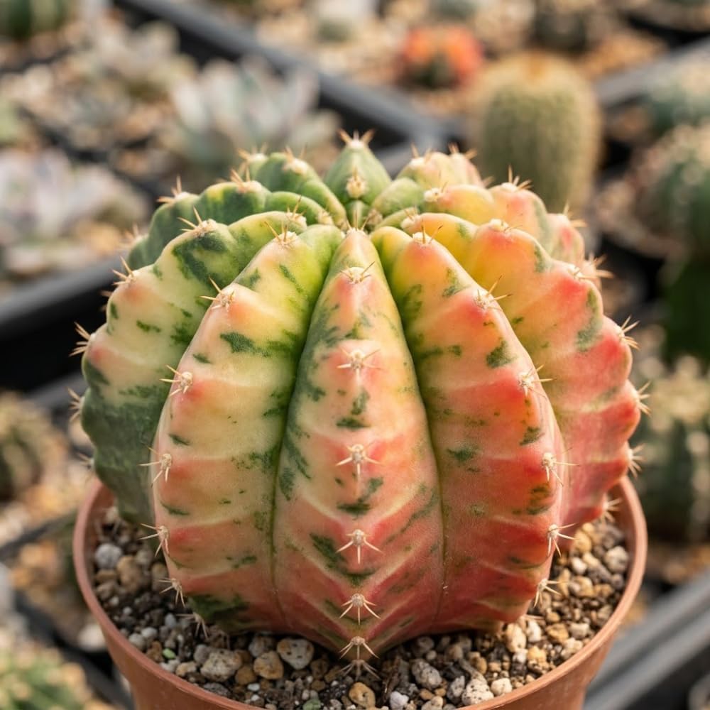 Gymnocalycium Mihanovichii Variegated Cactus, 4" Pot, Low Maintenance Colorful Plant for Home Office & Desk Décor