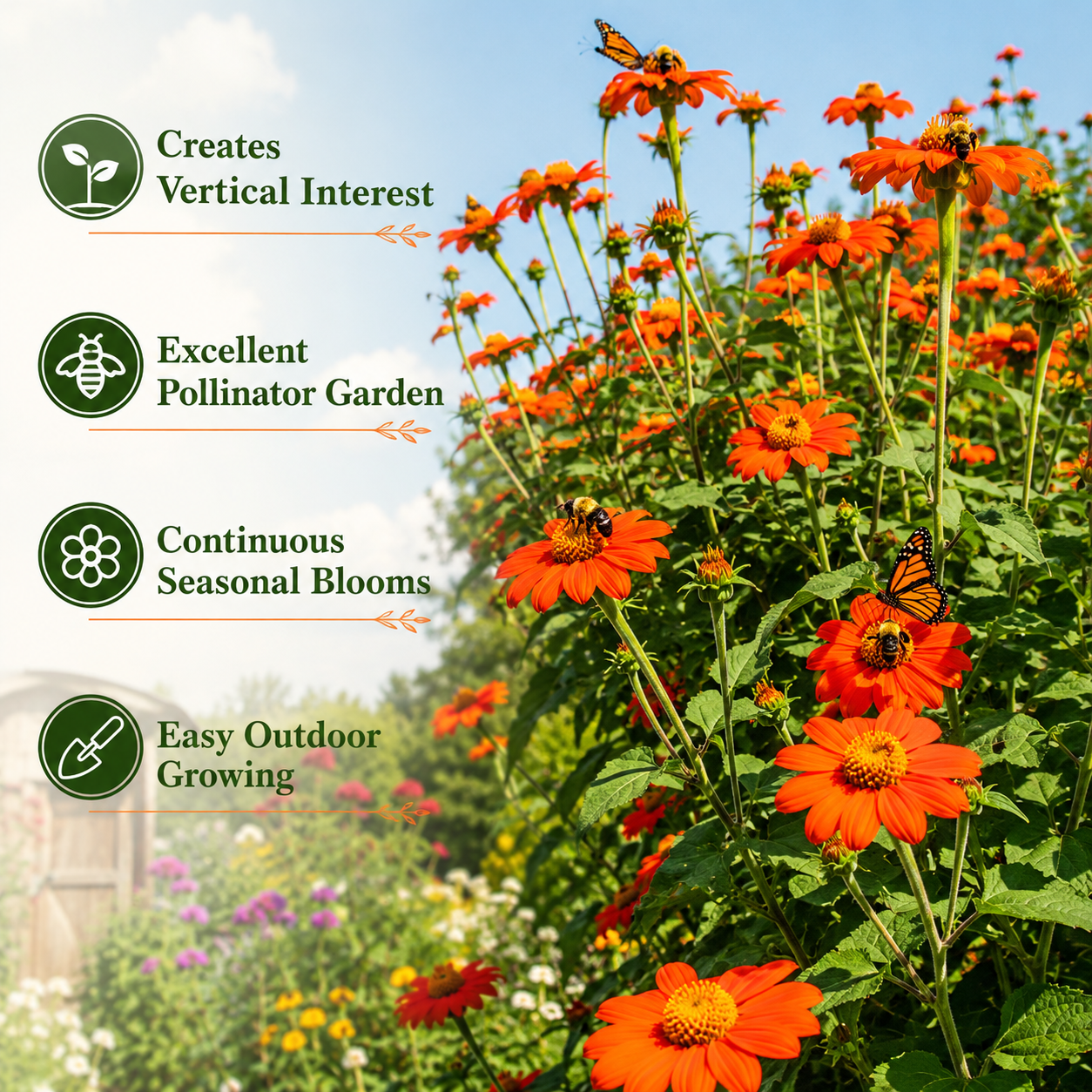 100 Pcs Mexican Sunflower Seeds for Planting, Non-GMO Tithonia Seeds, Fast Growing, Tall Vibrant Orange-Red Flowers for Outdoor Spaces