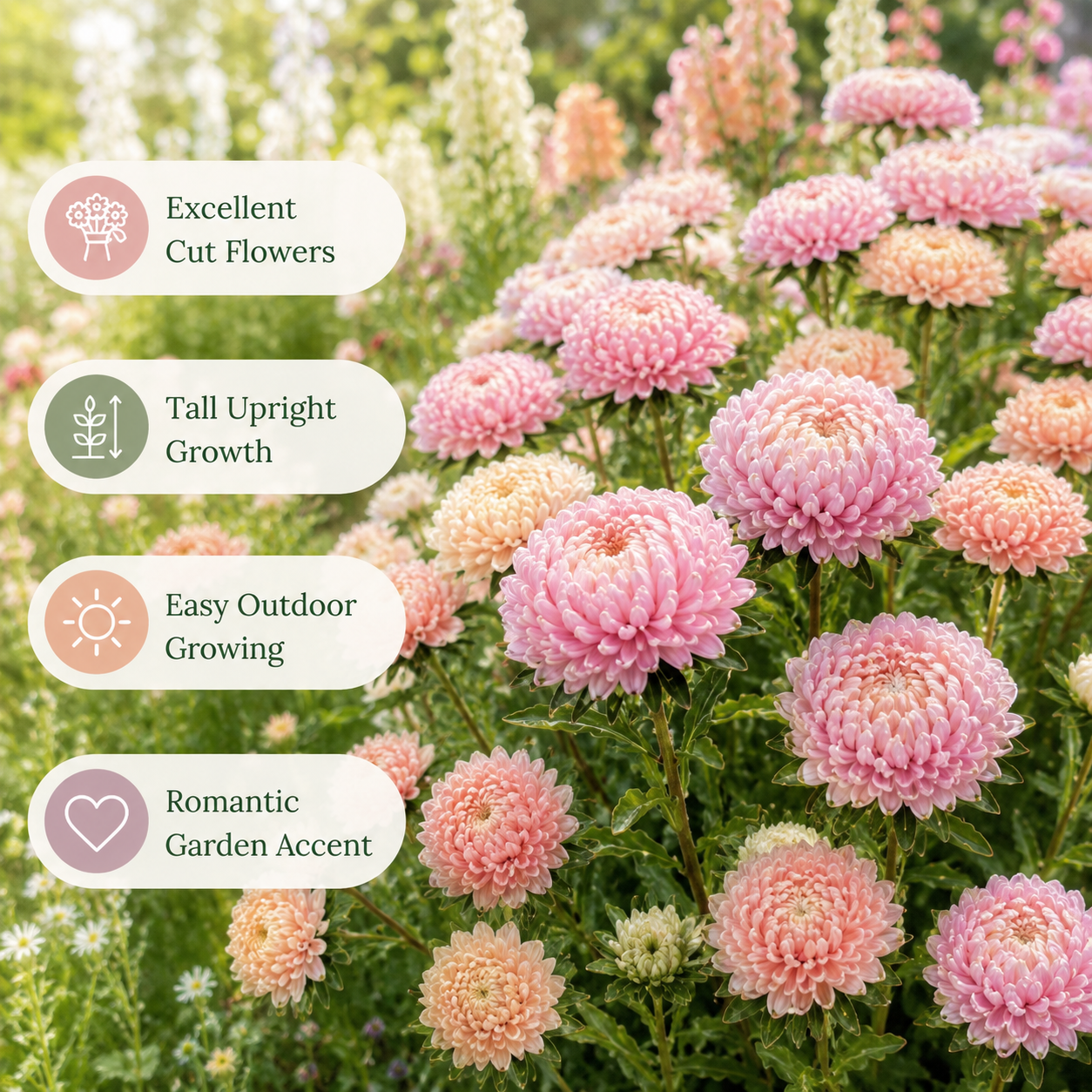 50 Tower Chamois Untreated Aster Seeds, Non GMO, Easy Care, Spectacular Double Peony-Like Blooms, Elegant Long-Stemmed, Ideal for Gardens, Patios & Borders