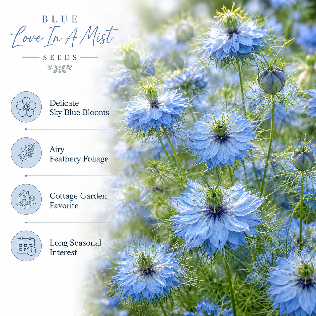 Blue Love In A Mist, Nigella damascena Flower Seeds, 100 Pcs, Non-GMO, Annual Vibrant True Blue Jewel Flowers with Misty Foliage, for Cut Garden