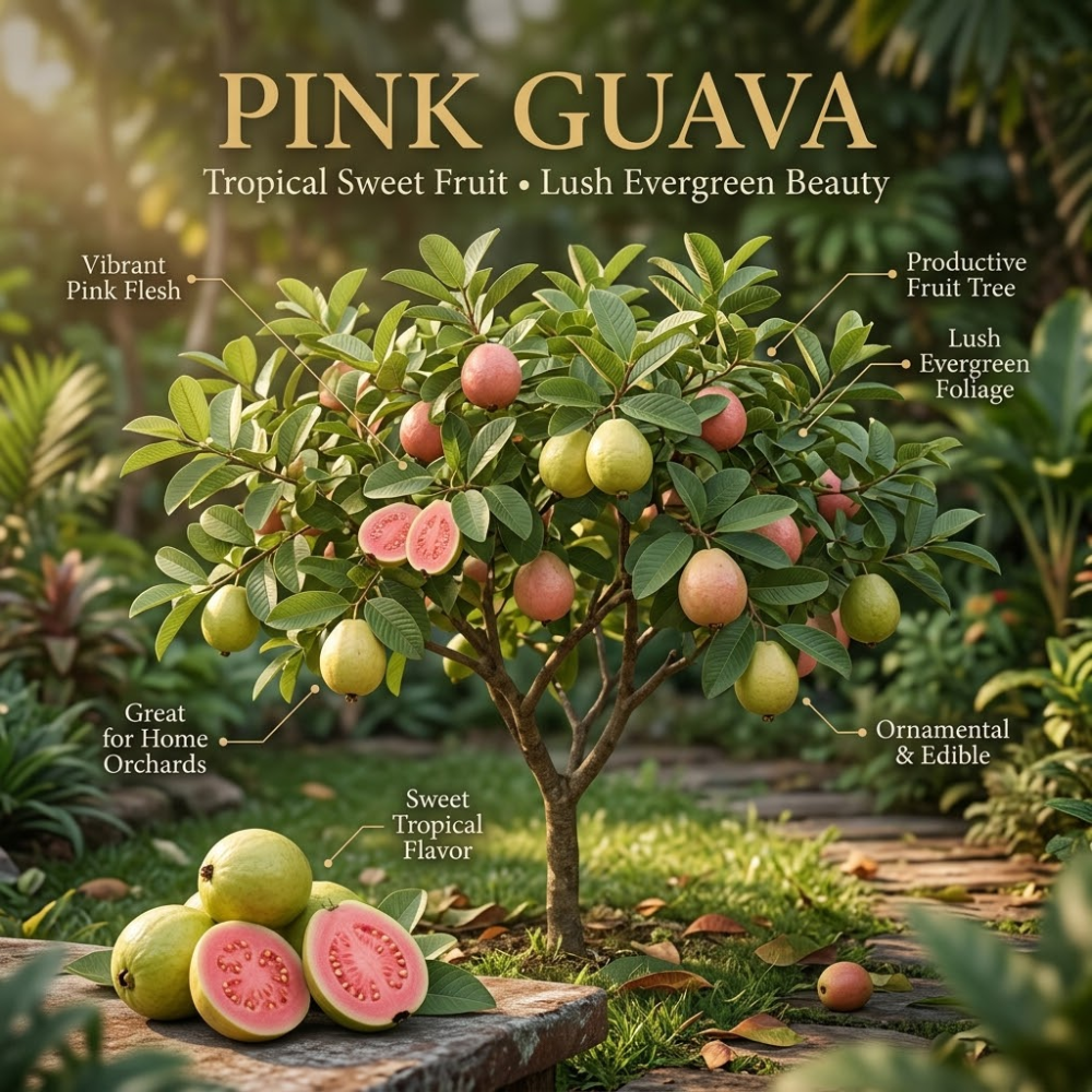 No Ship to CA, HI, AK, Pink Guava Tree Live Plant | 3 Gallon Pot - 3 Ft Tall | Sweet Pink Flesh Fruit Tree| Guava Plants Live for Planting in Backyards, Patios & Warm Climates