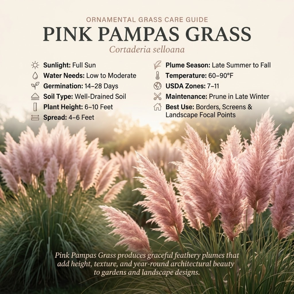 100 Pink Pampas Grass Seeds for Planting Outdoors, Non-GMO Heirloom Ornamental Grass Seeds, Sturdy Tall Stalks & Striking Feathery Plumes for Yard Borders