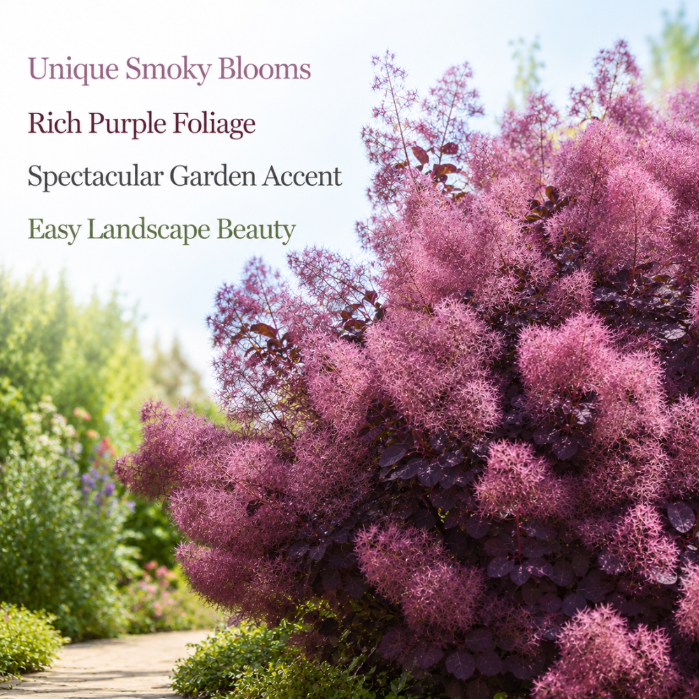 Purple Smoke Bush Plant, 4" Pot - 12-18 Inch Tall, Vigorous Growth Habit with Vibrant Red Autumn Leaves, Live Tree for Modern Landscapes