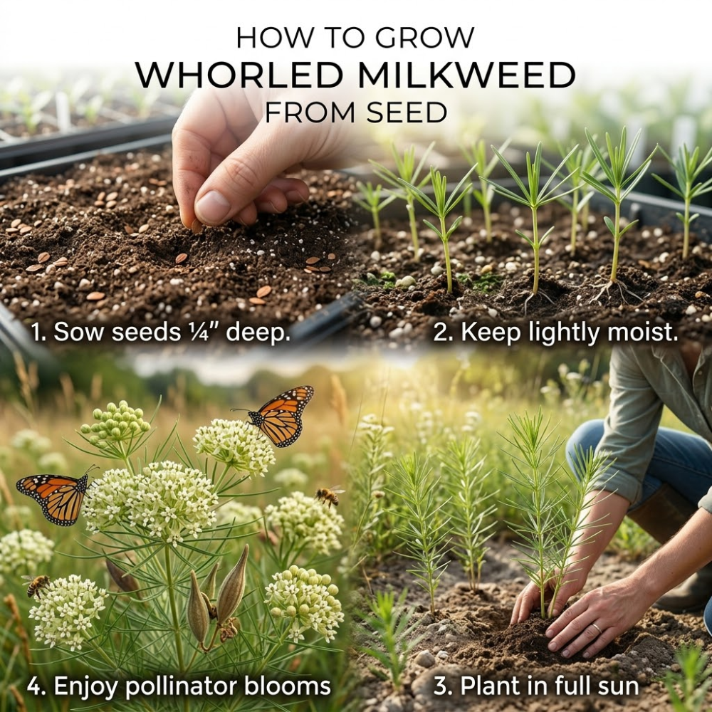 50 Whorled Milkweed Seeds, Heirloom Non-GMO Native Perennial, Low Maintenance White Blooms for Pollinator Gardens