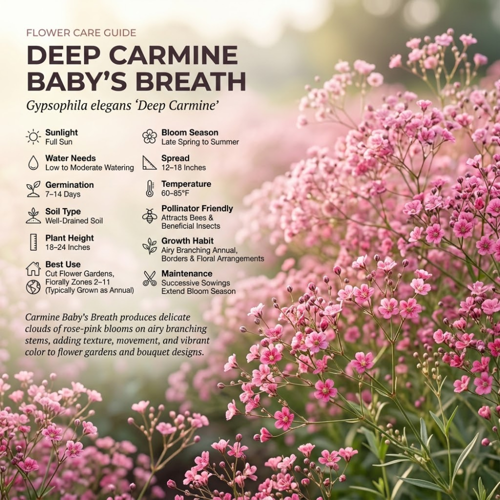 200 Pcs Carmine Baby's Breath Seeds, Heirloom Pink Gypsophila for Planting, Fast-Growing Flowers for Charming Sunlit Gardens & Floral Crafts