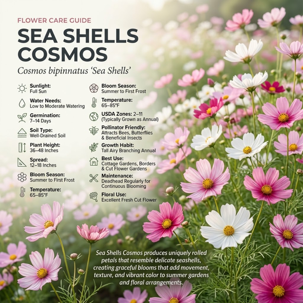 100 Pcs Sea Shells Cosmos Seeds for Planting Outdoors, Non-GMO Heirloom Petal Flowers, Low Maintenance Pink & White Blooms for Yard Borders