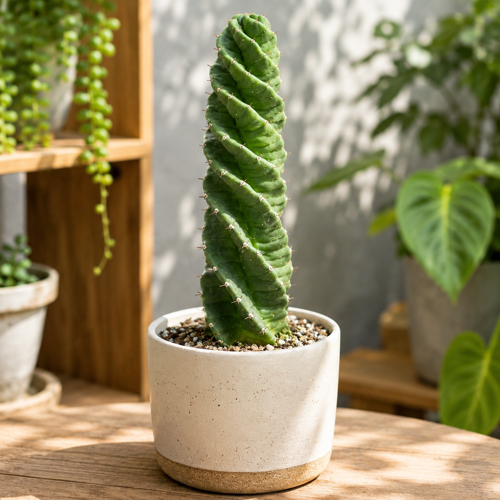 Live Spiral Cactus, 3.5" Potted Plant, Easy Care Indoor Greenery, Rare Twisted Columnar Cactus for Shelves and Desks