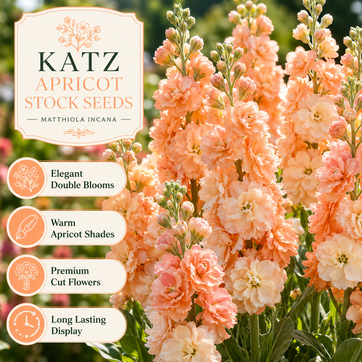 50 Katz Apricot Stock Seeds, Non-GMO Matthiola incana Seeds, Fragrant Apricot Peach Double Blooms, Ideal for Gardens, Borders & Accents