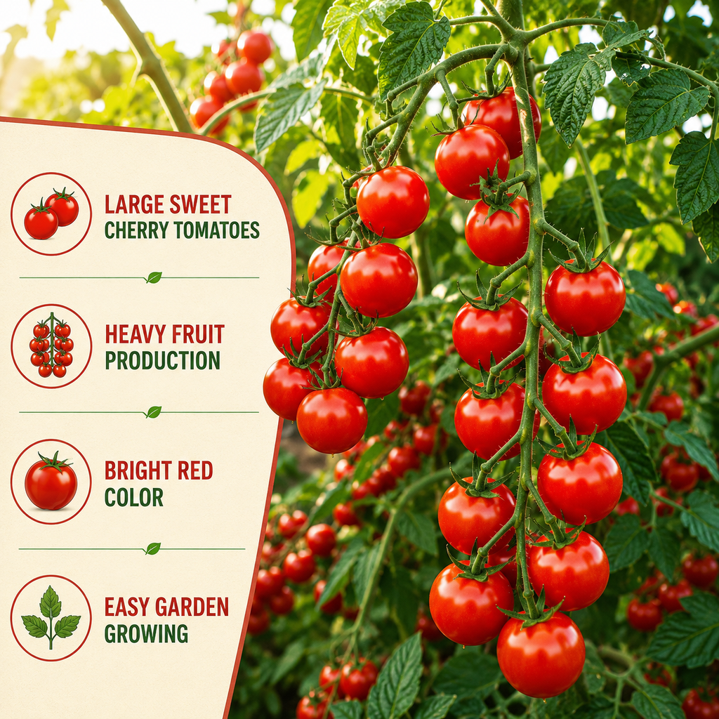 50 Large Red Cherry Tomato Seeds, Non-GMO Solanum Lycopersicum Seeds, Fast Growing, High-Yield Sweet Ruby Red Clusters, for Outdoor Planting