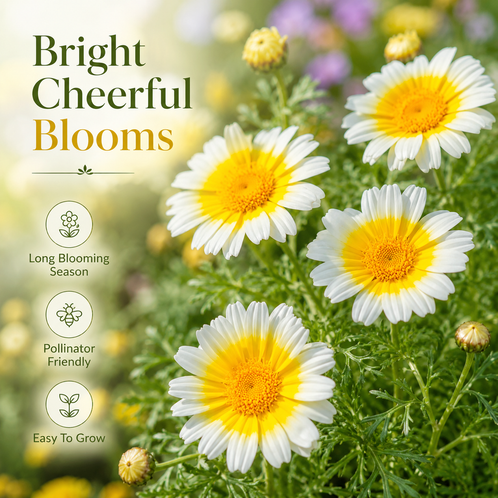 500 Garland Daisy Seeds, Fast Growing, High-Yield, Edible Shungiku Greens & Yellow White Flowers, for Gardens & Borders