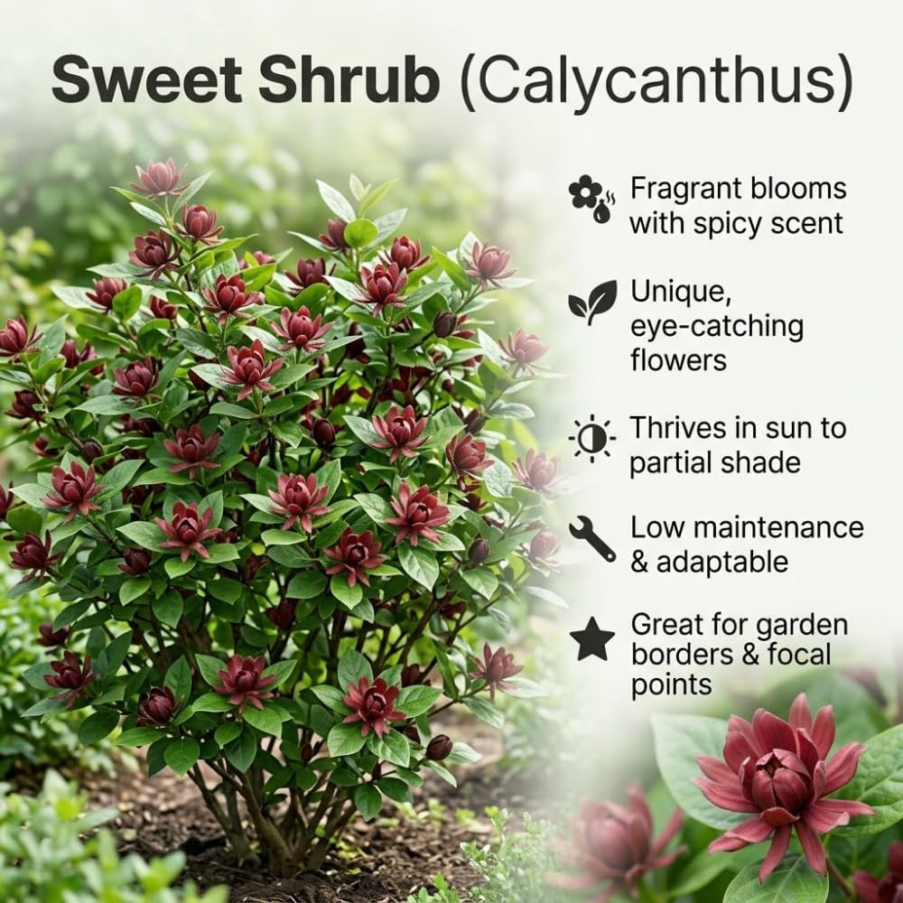 Sweet Shrub Live Plant, 12-18 Inch Tall in 4" Pot, Calycanthus Floridus Fragrant Flowering Shrub, Vigorous Growth Habit Plant