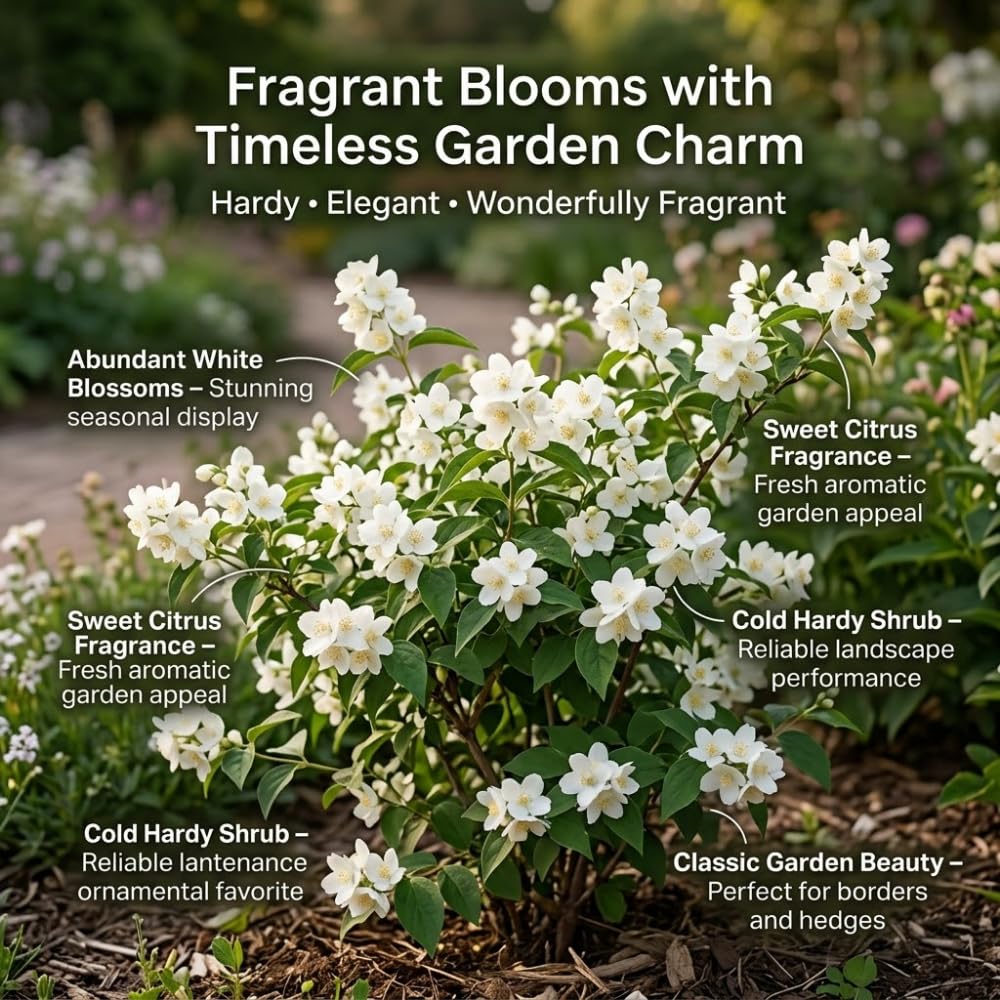 Mock Orange Plant, 4-6" Tall Shrub, Vigorous Deciduous Bush with Intoxicating Fragrance for Backyard Foundation Planting & Garden Borders