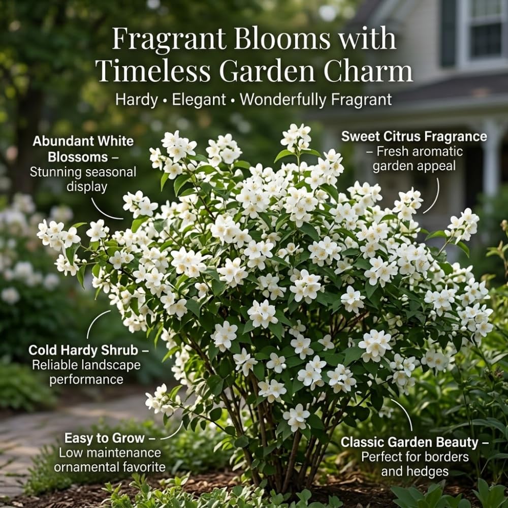 Mock Orange Plant, 4-6" Tall Shrub, Vigorous Deciduous Bush with Intoxicating Fragrance for Backyard Foundation Planting & Garden Borders