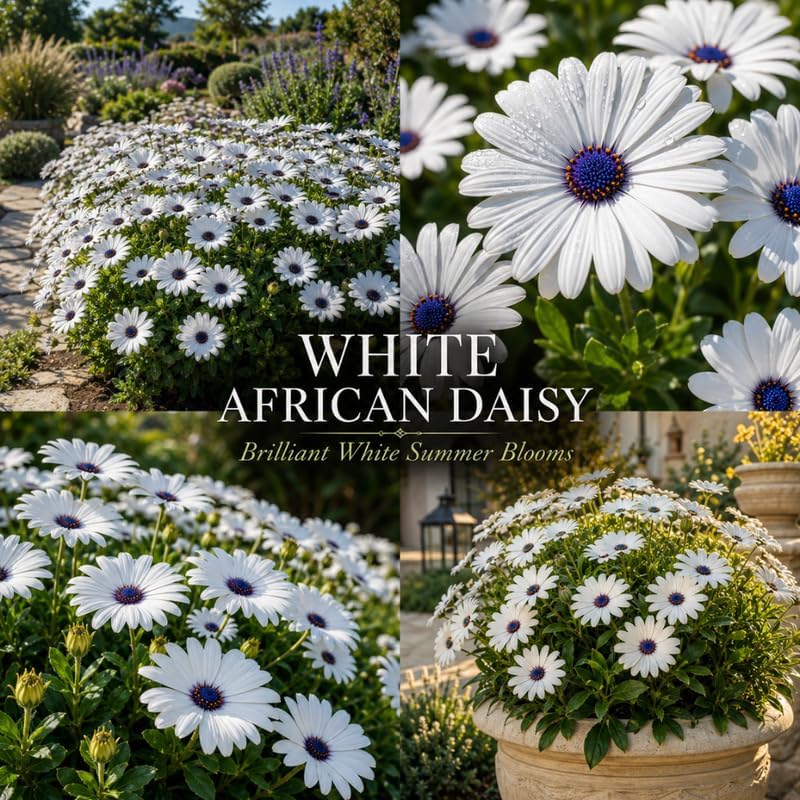 White African Daisy Live Plant in 3" Pot, White Osteospermum Blooming Potted Flower, Easy Care Plant for Garden, Balcony and Patio Decor