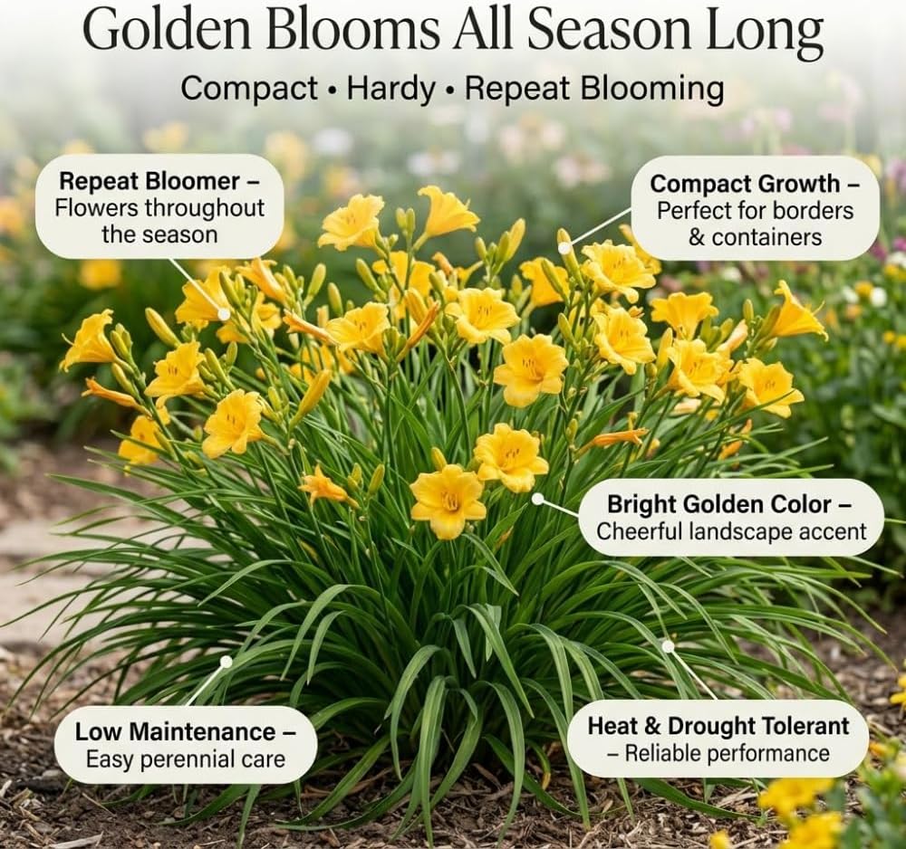 10 Stella de Oro Daylily Roots, Reblooming Yellow Perennial Roots for Garden Borders, Cold-Hardy Miniature Golden Daylily