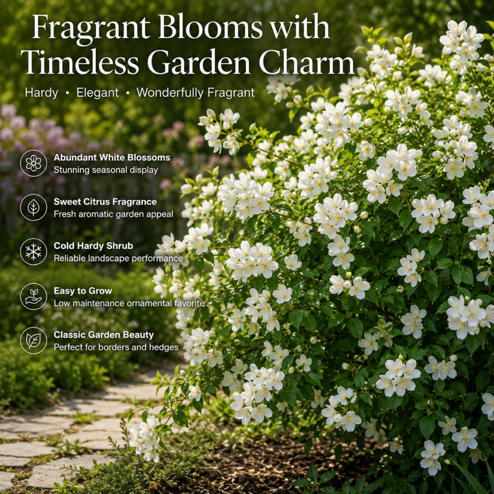 Mock Orange Shrub Live Plant, 4-6" Tall, Cold-Hardy Deciduous Bush for Home Landscapes, Sweet Citrus Scented White Spring Blooms & Low Maintenance Hedge