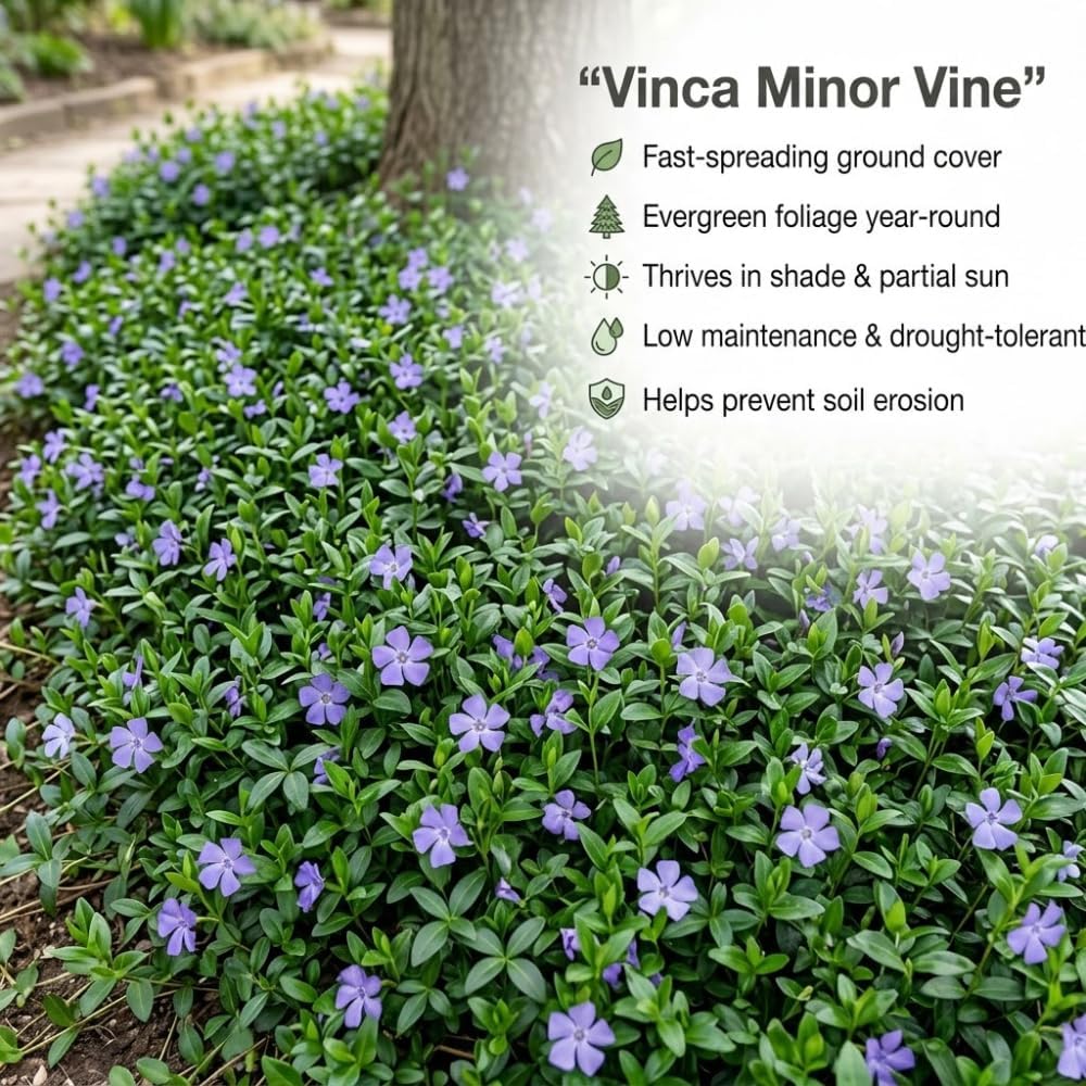 2 Vinca Minor Plants, Periwinkle Plants Live, 4" Container, Vigorous Creeping Groundcover for Backyard and Garden Rows
