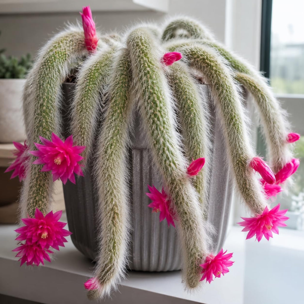 Monkey Tail Cactus Live Plant, 4 Inch Pot, Potted Cleistocactus Colademononis, Unique Fuzzy Hanging Cactus for Home and Office Décor