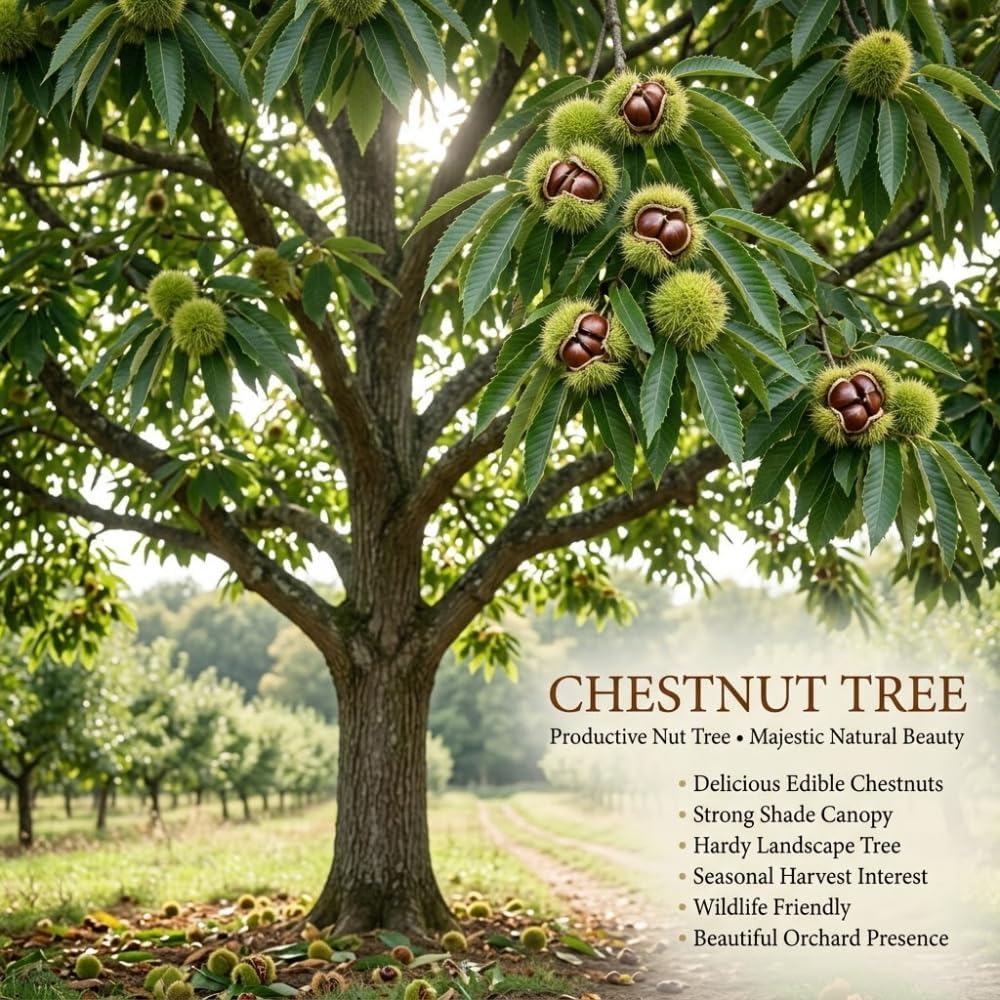 2 Chestnut Tree Live Plant, 6-10" Potted Plant, Low Maintenance Edible Shade Tree for Homeowners, Cold-Hardy Starter for Sweet Roasting Nuts