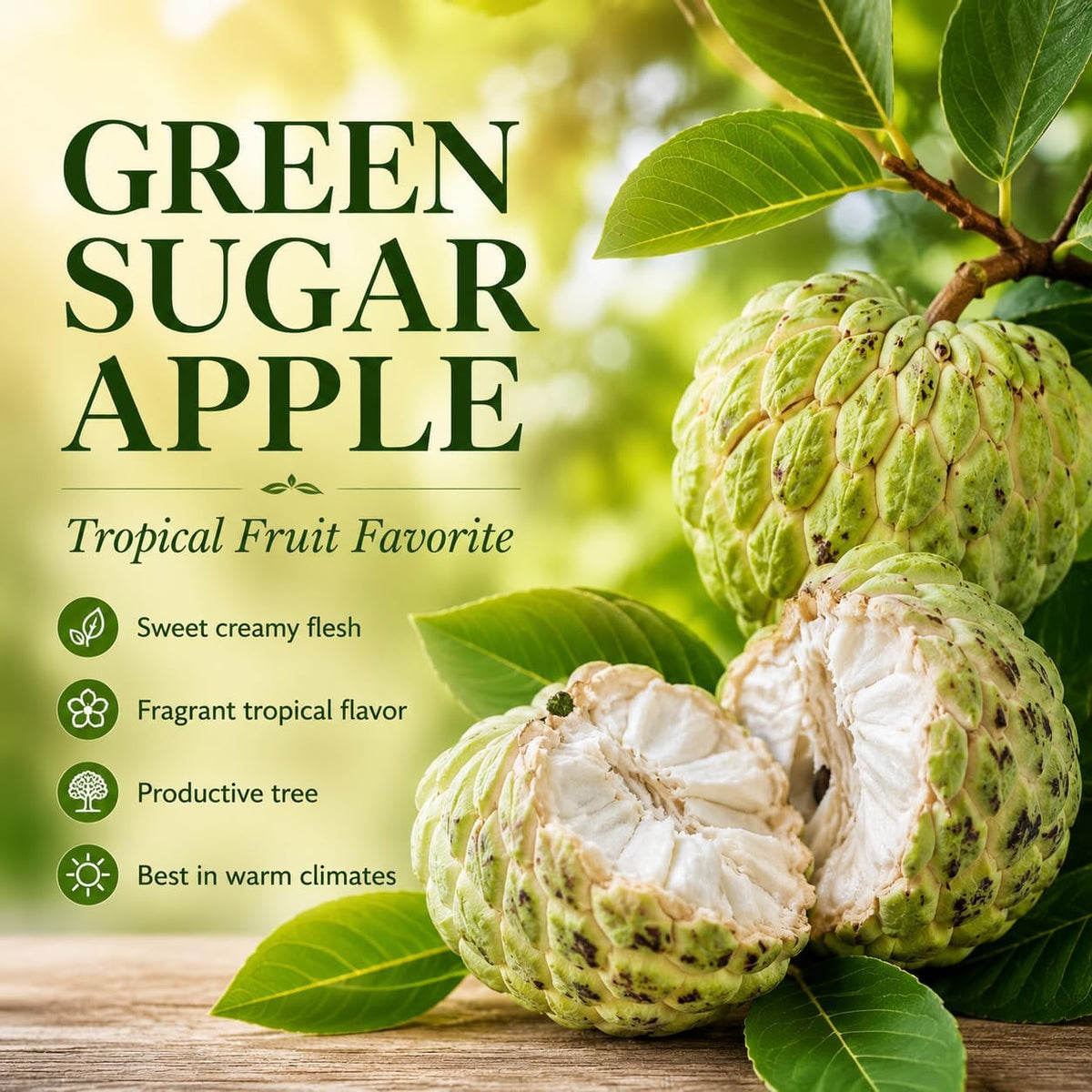 Green Sugar Apple Tree Live Plant, 2-3 Ft Tall in 3 Gallon Pot, Low Maintenance Tropical Fruit Tree for Backyard Orchard (No Ship to CA, HI, AK)