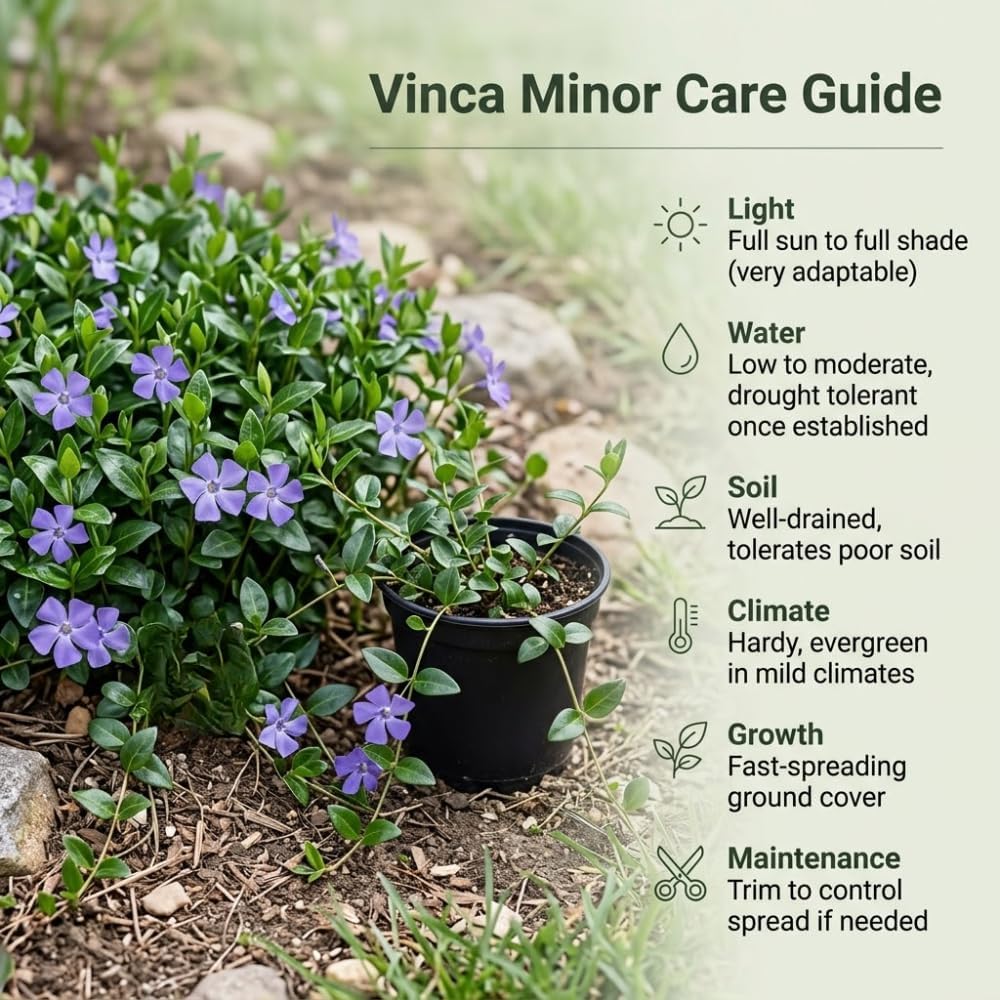 Vinca Minor Ground Cover Plants, Periwinkle Plants Live, 4 Inch Pot, Evergreen Groundcover Vine with Purple Flowers