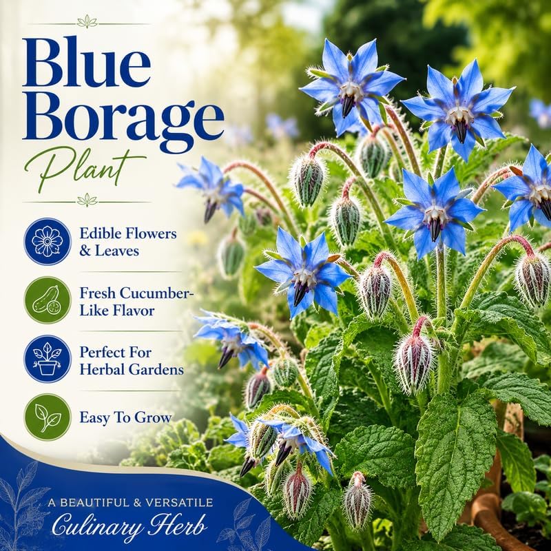 2 Blue Borage Plants Live in Large Pot, Non GMO, Low Maintenance, Fragrant Edible Flower Herb Plants for Gardens & Containers