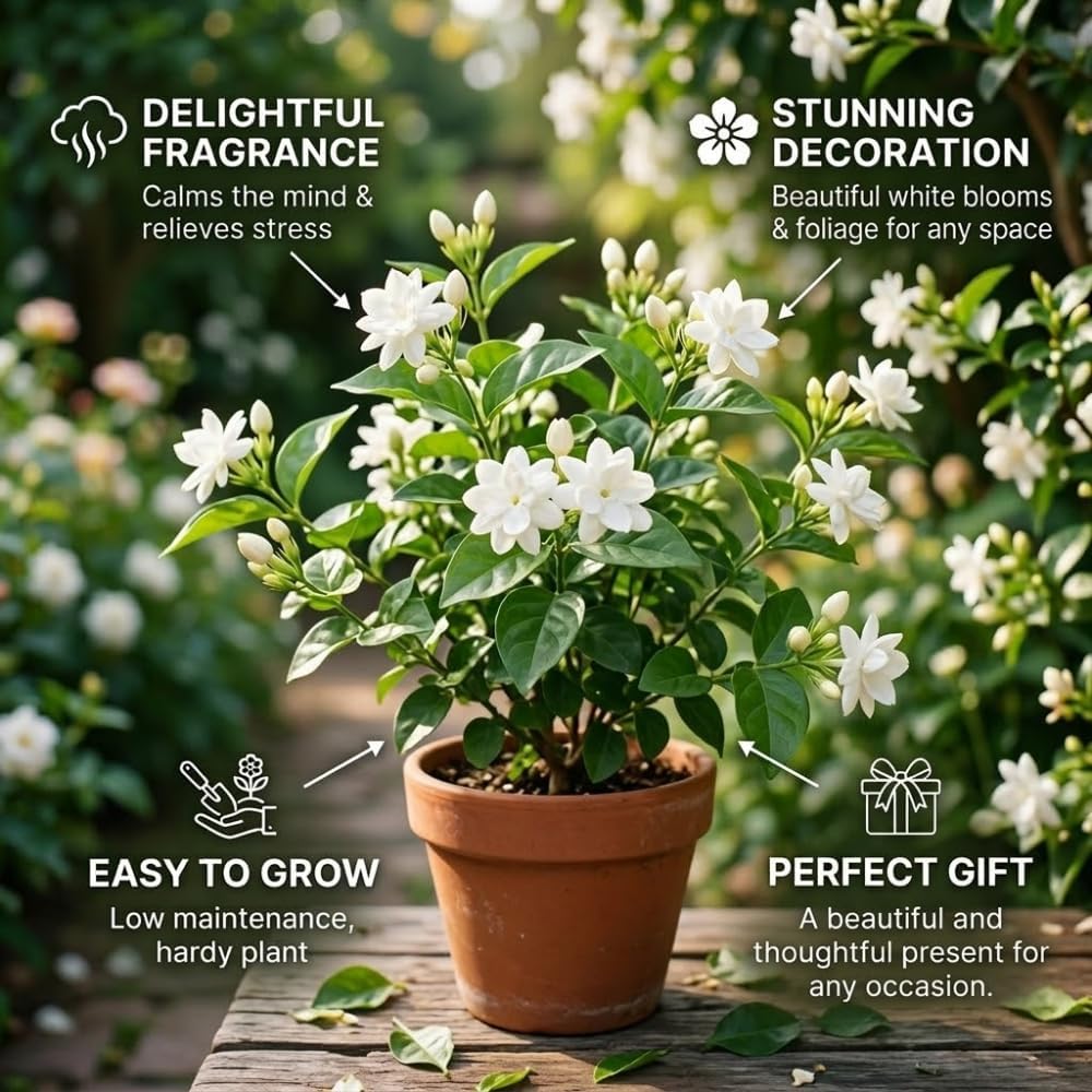 Grand Duke Jasmine Live Plant, Arabian Jasmine Flowers, Fragrant White Flowering Perennial, 5-8 Inch Size for Decorative Porch Planters, Easy to Grow