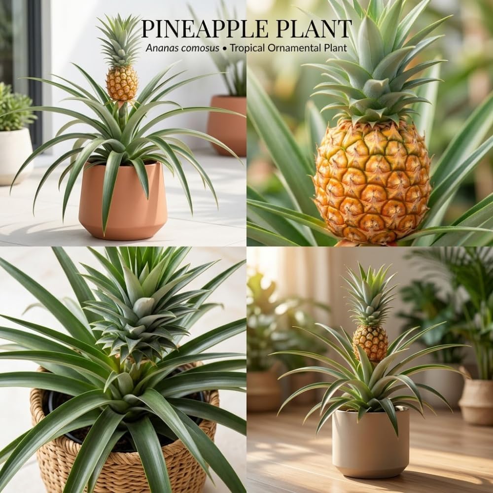 Pineapple Live Plant, 6 Inch Pot, Sturdy Low Maintenance Edible Bromeliad for Home Gardens, Grow Sweet Exotic Fruits & Striking Spiky Foliage