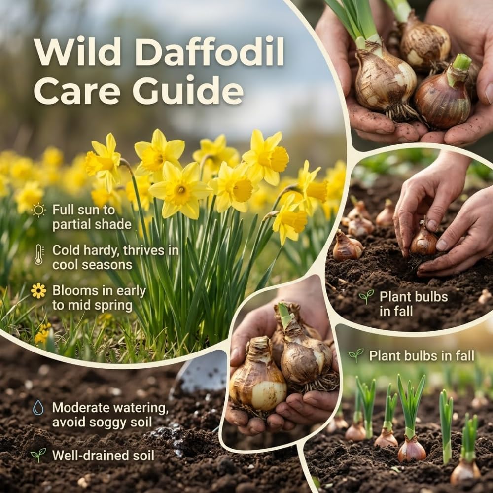 50 Wild Daffodil Bulbs, Lent Lily, Yellow Spring Flowering Perennial for Garden Borders, Cold-Hardy Narcissus for Early Spring Blooms