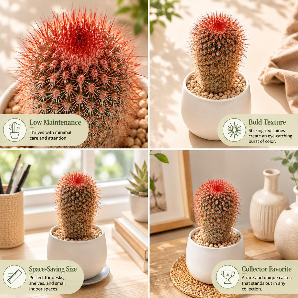 2 Live Cactus Plants Red Head (Mammillaria Spinosissima), 4" Pot, Fully Rooted, Low Maintenance Rare Succulent Plant Live, Ideal for Succulent Collections & Indoor Décor