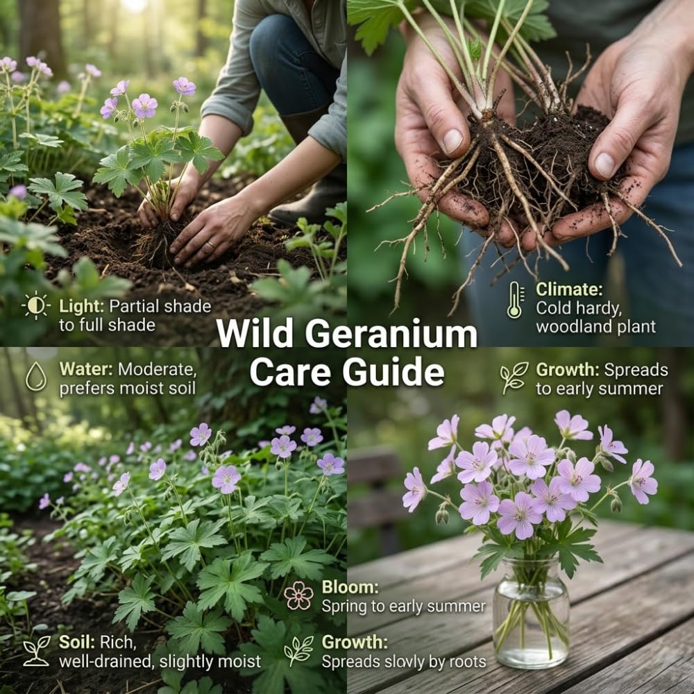 10 Wild Geranium Roots, Geranium Maculatum, Lavender Pink Flowering Perennial for Shady Garden Borders, Cold-Hardy Flower for Woodland Landscapes