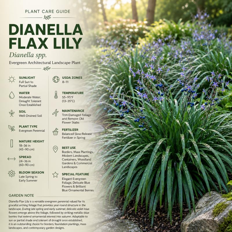 2 Flax Lily Live Plants,  4-6 Inch Tall, Well-Rooted Cold-Hardy Evergreen, Low Maintenance Grass for Shady Yard Borders