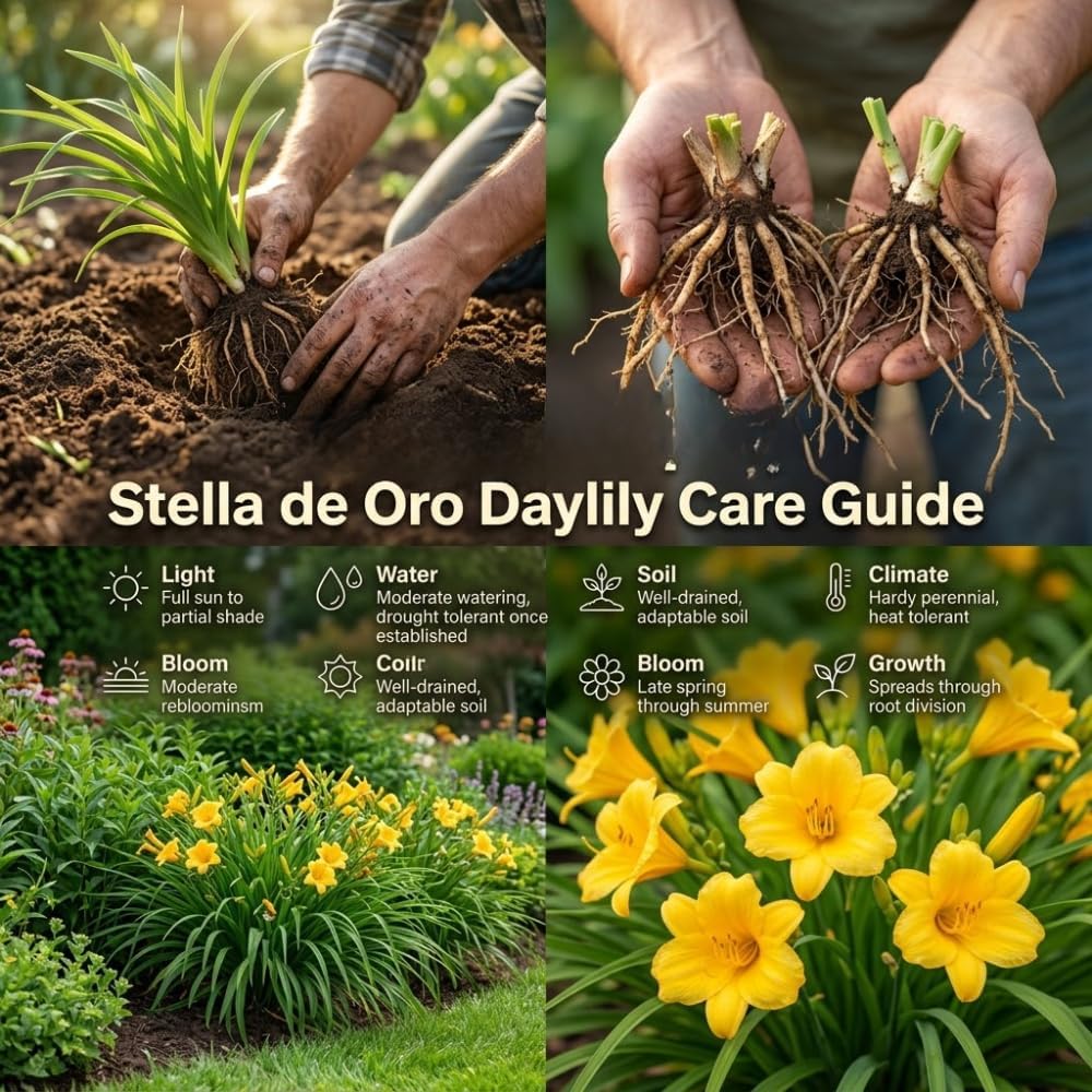 5 Stella de Oro Daylily Roots, Reblooming Yellow Perennial Roots for Garden Borders, Cold-Hardy Miniature Golden Daylily