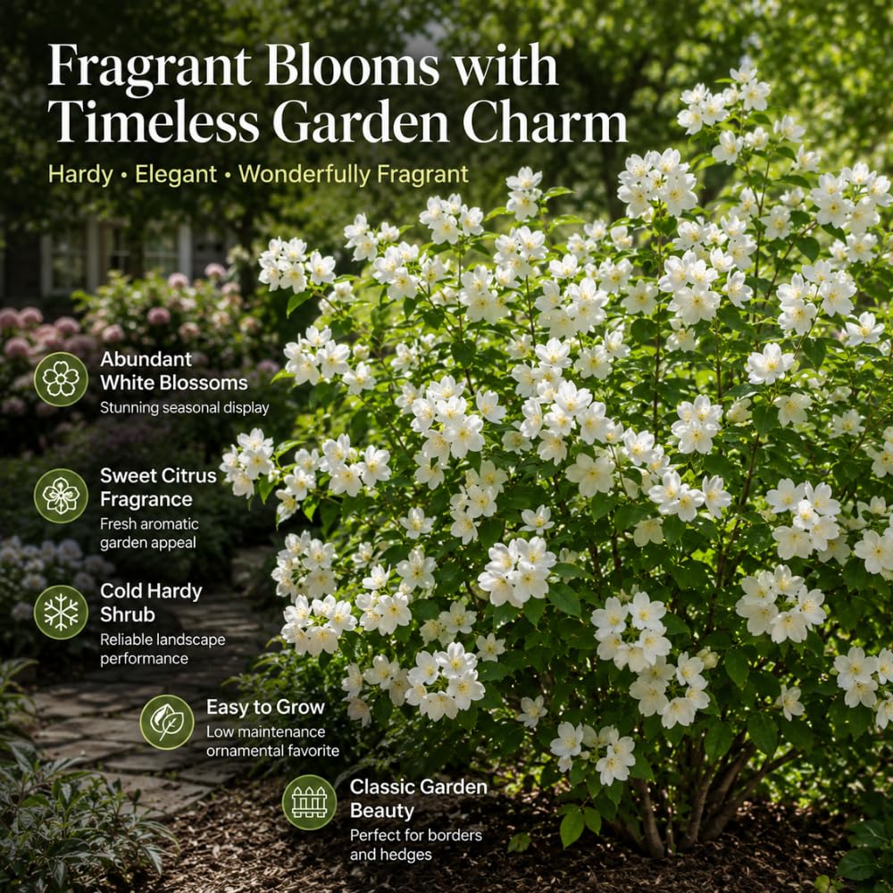 Mock Orange Shrub, 4-6" Potted Plant Starter, High-Vigor Cold-Hardy Bush for Backyard Gardens, Beautiful White Blossoms & Growth Habit