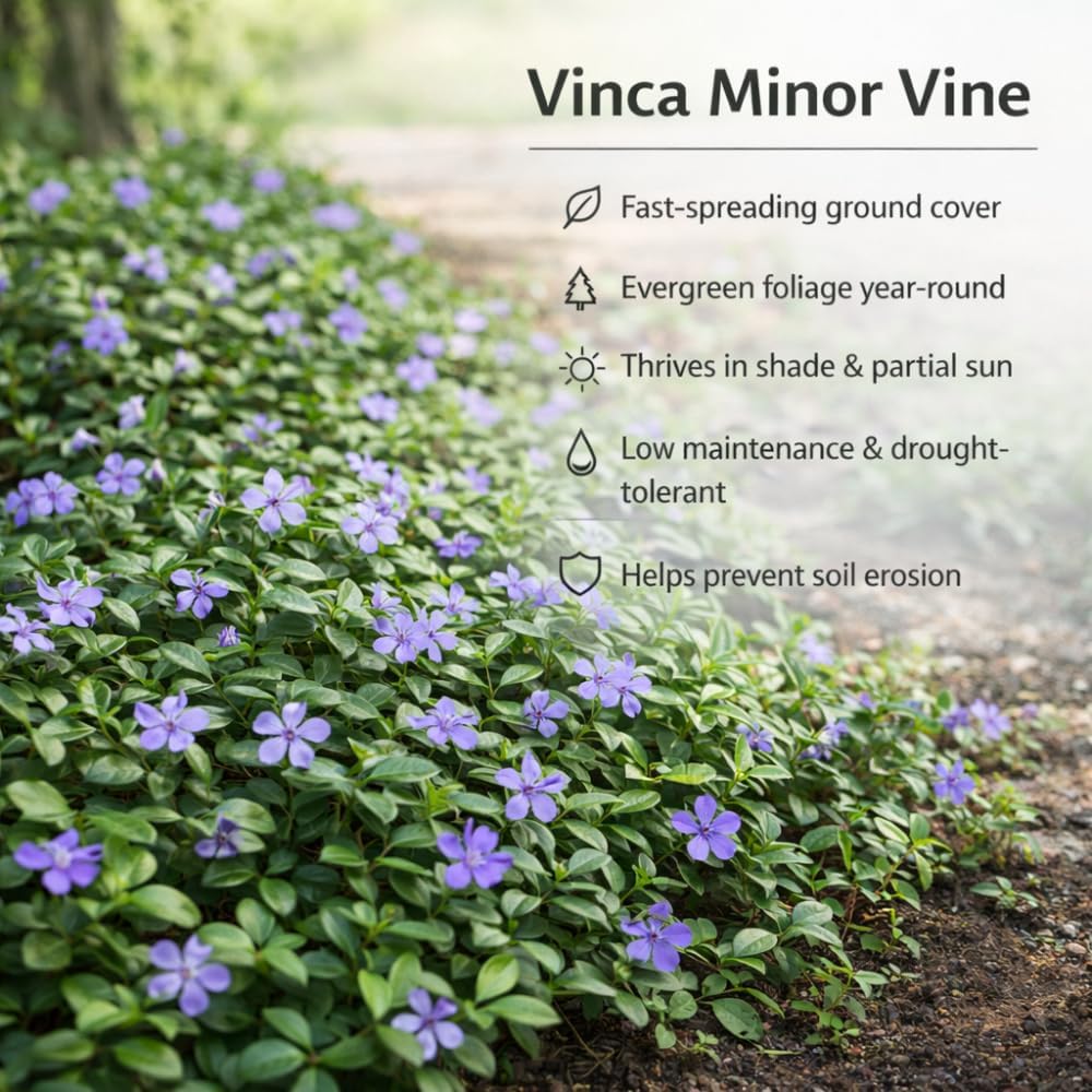 Vinca Minor Ground Cover Plants, Periwinkle Plants Live, 4 Inch Pot, Evergreen Groundcover Vine with Purple Flowers