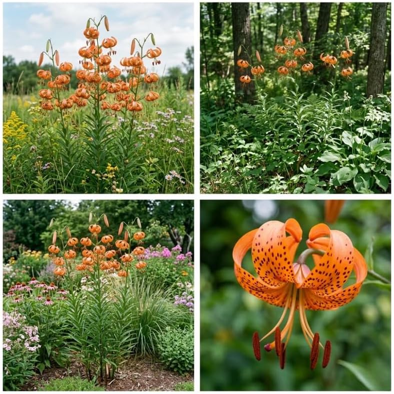 10 Tiger Lily Bulbs, Well-Rooted Turk's Cap Lilium Superbum Bulbs, Vigorous Growth Habit with Showy Recurved Orange Flowers