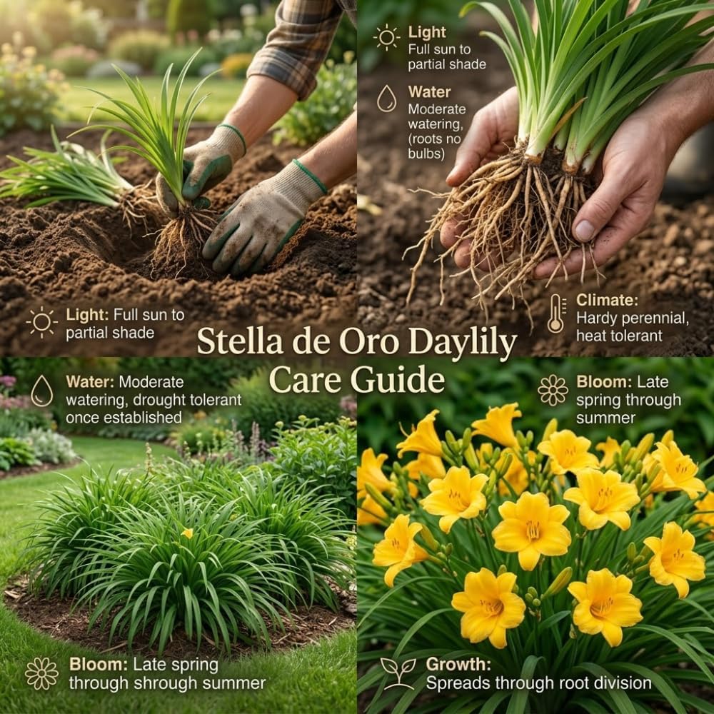 25 Stella de Oro Daylily Roots, Reblooming Yellow Perennial Roots for Garden Borders, Cold-Hardy Miniature Golden Daylily