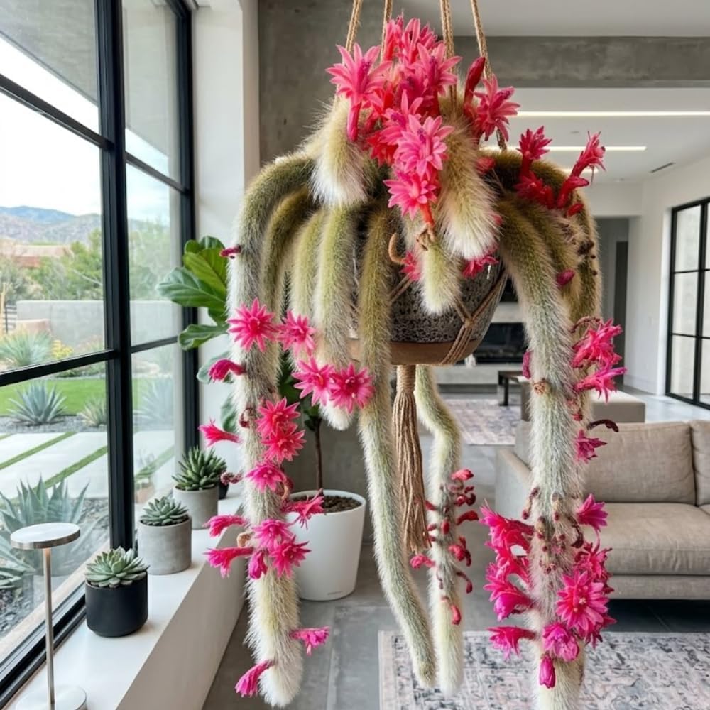 Monkey Tail Cactus Live Plant, 2 Inch Pot, Potted Cleistocactus Colademononis, Unique Fuzzy Hanging Cactus for Home and Office Décor