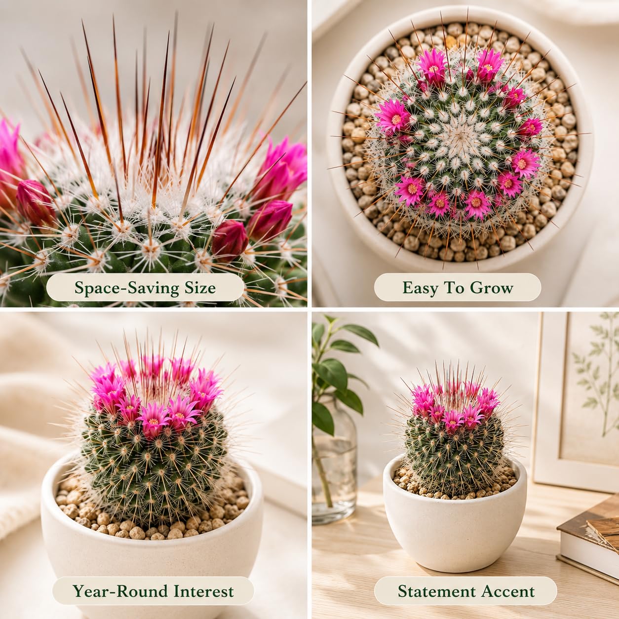 2 Live Cactus Plants Gold Ladyfinger Mammillaria Elongata, 4" Pot, Fully Rooted, Low Maintenance Rare Succulent Plant Live, Ideal for Succulent Collections & Indoor Décor