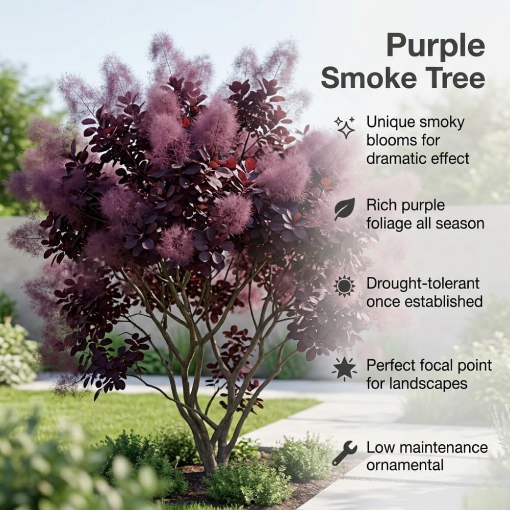 2 Purple Smoke Tree Plants Live, 12-18 Inch Tall in 4" Pot, Royal Purple Foliage Ornamental Shrub, Cold-Hardy Decorative Plant for Sun