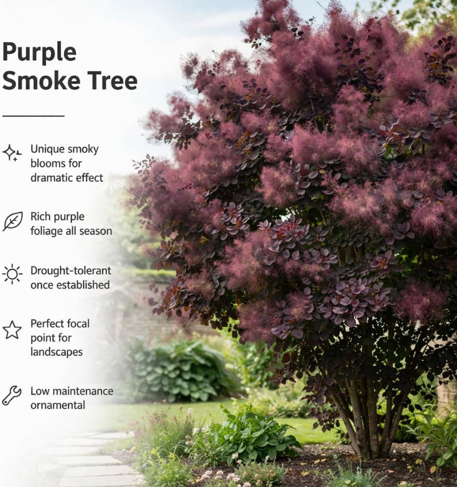 Purple Smoke Tree - Cotinus Coggygria, 4 Inch Pot - 12-18 Inch Tall, Low Maintenance Shrub with Smoky Pink Blooms