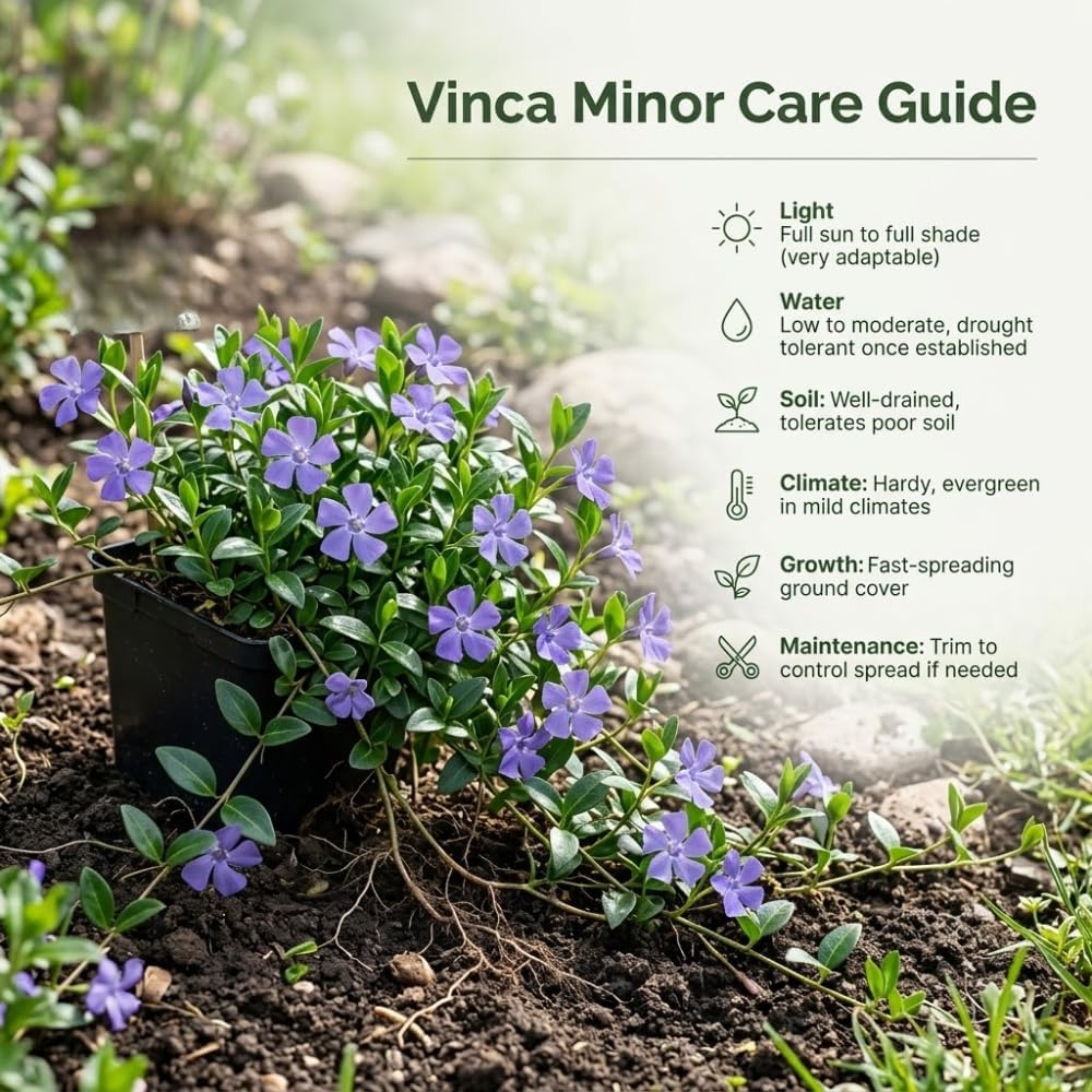 2 Vinca Minor Plants, Periwinkle Plants Live, 4" Container, Vigorous Creeping Groundcover for Backyard and Garden Rows