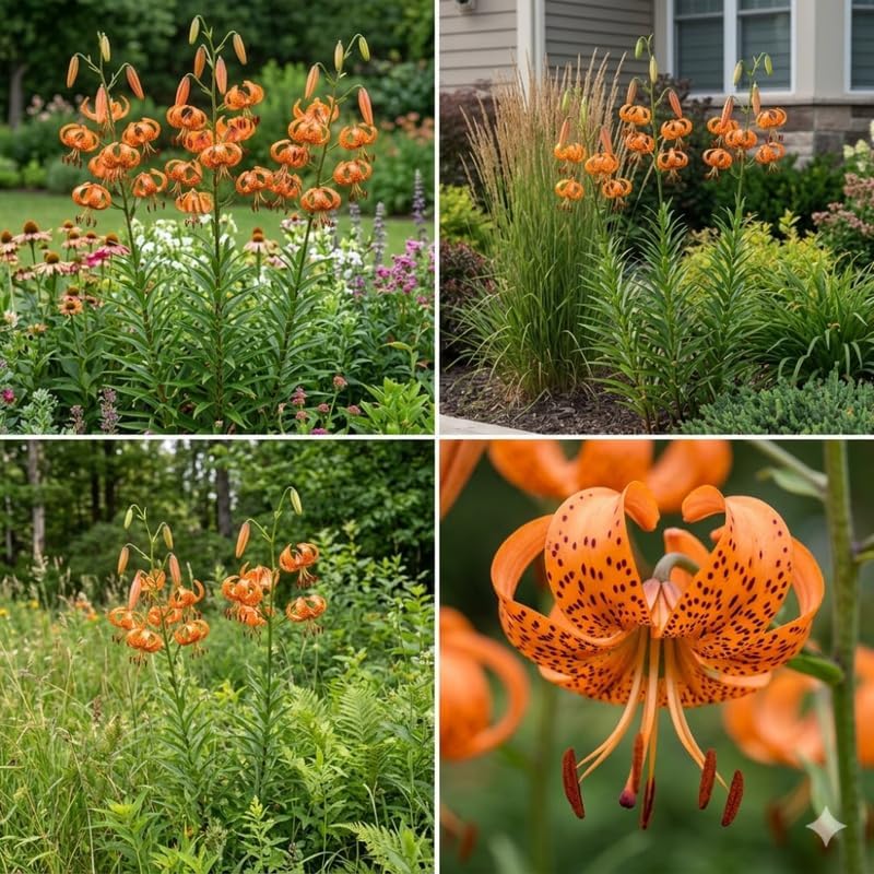 10 Tiger Lily Bulbs, Well-Rooted Turk's Cap Lilium Superbum Bulbs, Vigorous Growth Habit with Showy Recurved Orange Flowers