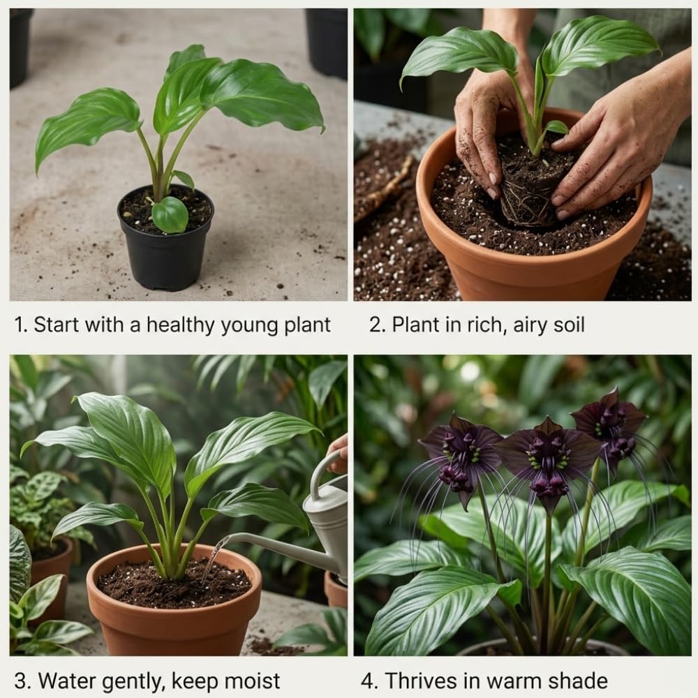Black Bat Flower - Tacca Chantrieri 4 Inch Tall | Rare Flower Live Plant | Eye-Catching Indoor Decor & Suitable for Gifts for Plant Enthusiasts | Easy to Grow